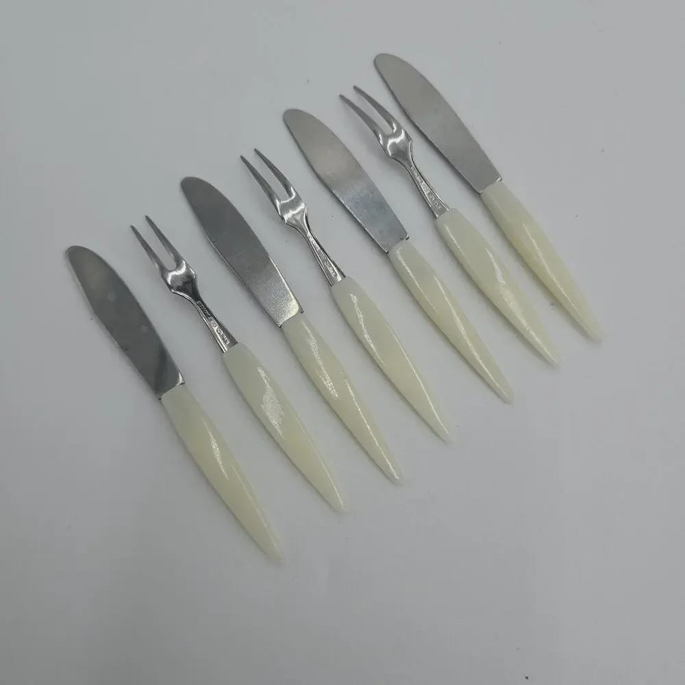 Vtg MCM 1950s Cocktail Fork Knive Utensils Set Dessert Fruit Cheese Japan